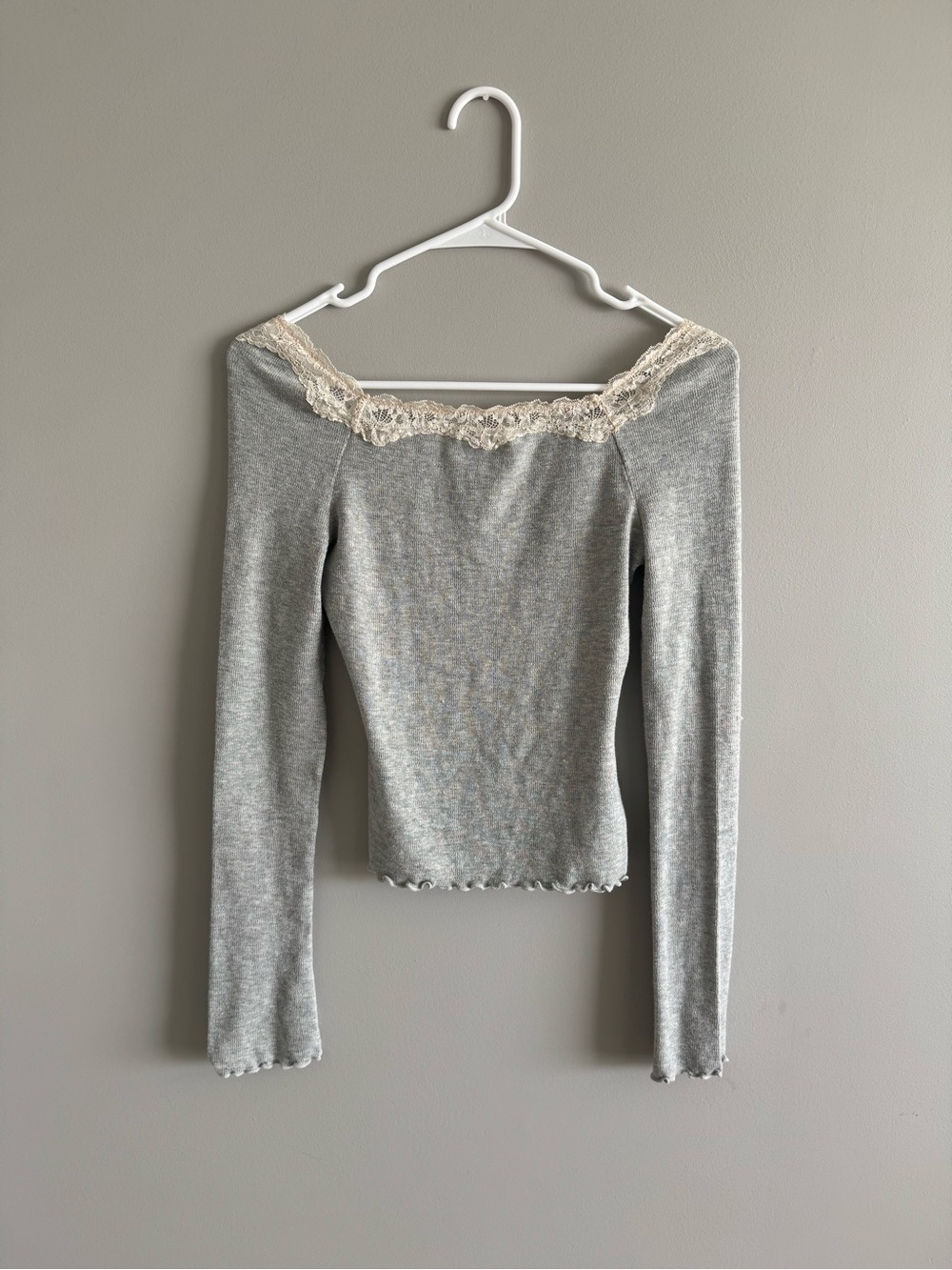 Free People Grey Off-Shoulder Lace Trim Women's Sweater